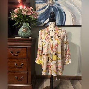 Retail $380! L'Agence Dani White, Yellow, & Pink Paisley Print Silk Blouse Sz S
